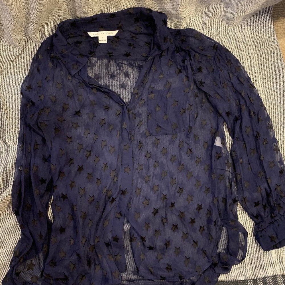 Navy Star Pattern Sheer Blouse - Picture 2 of 3